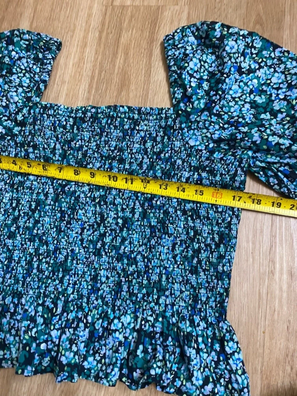 J. Crew Teal and Black Floral Smocked Peplum Blouse